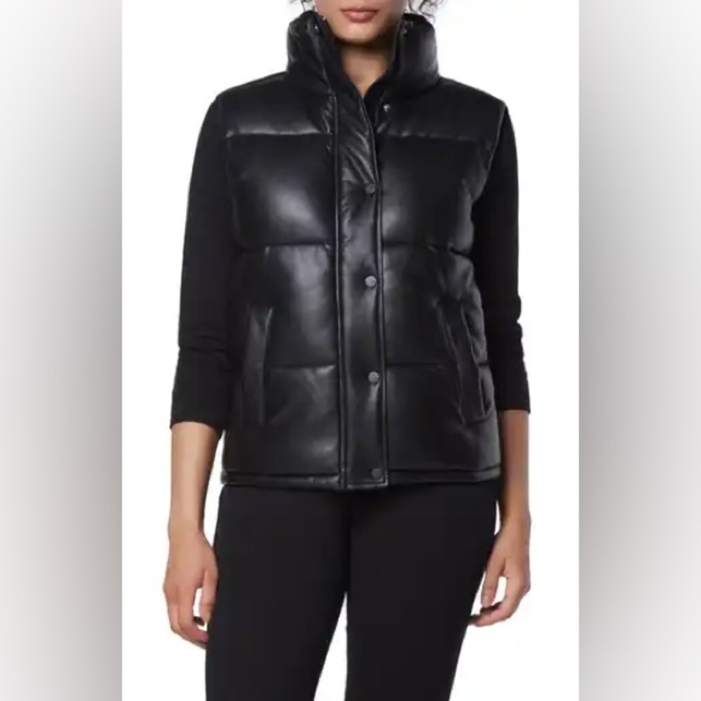 Azalea Wang Faux Leather Hooded Puffer Vest Size XL Black Removable Hood